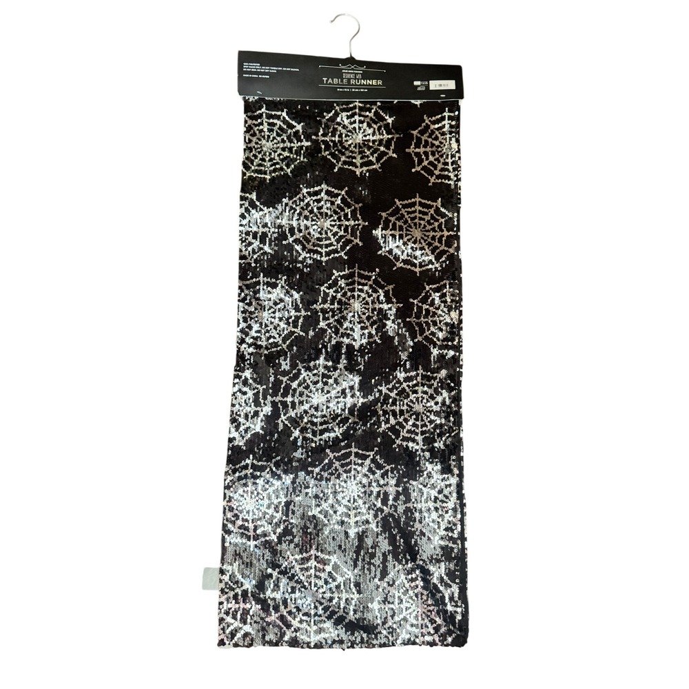 Arlee Home Fashions Halloween Silver Sequin Spider Web Table Runner Black 14x72